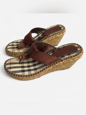 Burberry Nova Check brown leather espadrille wedge sandals